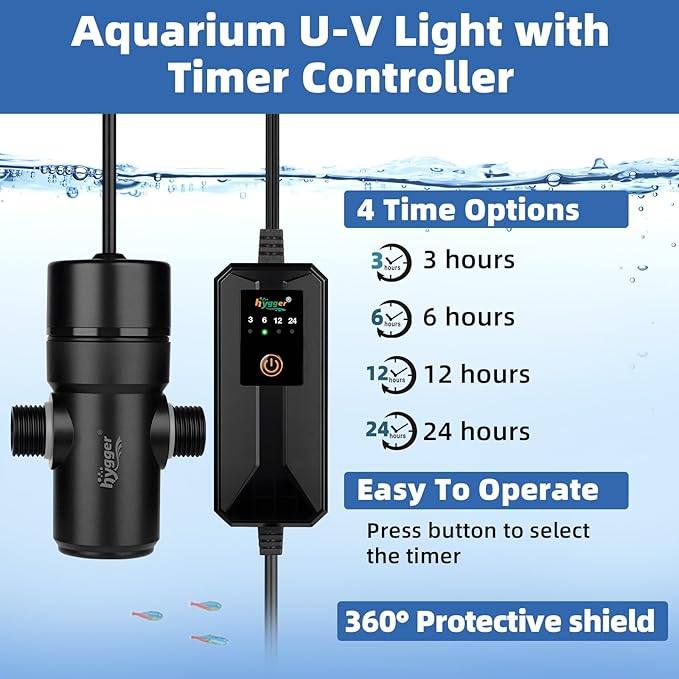 hygger Aquarium U-V Light with Timer, 360° Protective Shield Clean Light for Green Water Clean, Amphibian Aquarium Lamp Bulb for Freshwater Saltwater Fish Tank and Aquarium (5W, 10-40 Gallon)