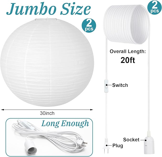2 Sets Jumbo Round Paper Lanterns with Lamp Cord Cable White Hanging Paper Lanterns Chinese Japanese Pendant Hanging Lamp for Birthday Wedding Bridal Anniversary Party Decoration(30 Inch)