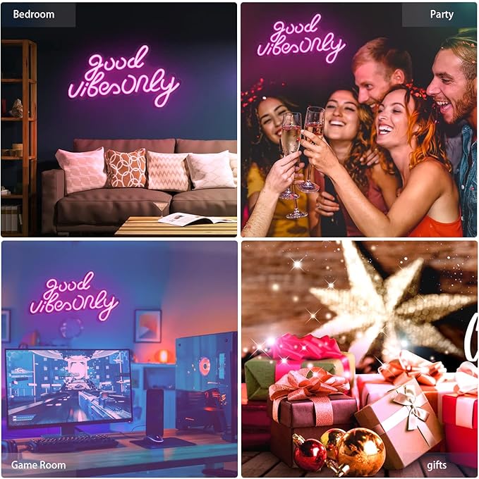 JFLLamp Good Vibes Only Neon Signs for Wall Decor Neon Lights Led Signs Suitable for Living Beer Bar Game Room Hotel Birthday Party Restaurant Christmas Unique Gift for Lover, 16.5 * 10 Inch(Pink)