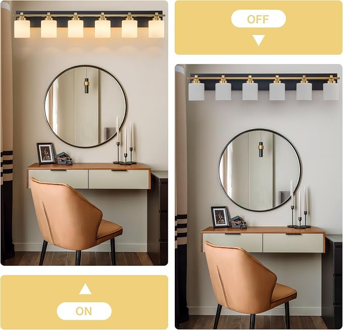 Modern Bathroom Light Fixtures Over Mirror, Vanity Lights for Bathroom Wall Sconces with Milky White Glass Shades, E26 Socket (Bulbs Not Included), 6 Light, Black Gold