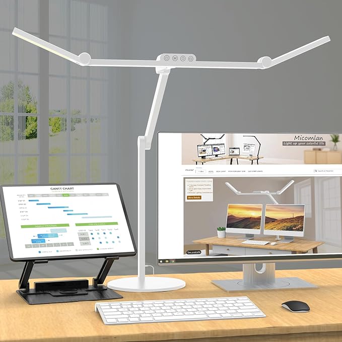 Led Desk Lamp with Atmosphere Lighting, Rotatable Tall Architect Desk Lamp for Home Office with Swing Arm, 24W Bright Auto Dimming Adjustable Computer Light with Base for Table