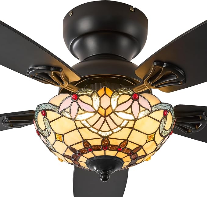 Tiffany Ceiling Fans with Lights-48"Ceiling Fan Chandelier and Glass Shade | 48" Ceiling Fan Chandelier with 5 Dual-Blades and Glass Shade, 6 Speeds and Reversible, Indoor and Outdoor, Retro Style