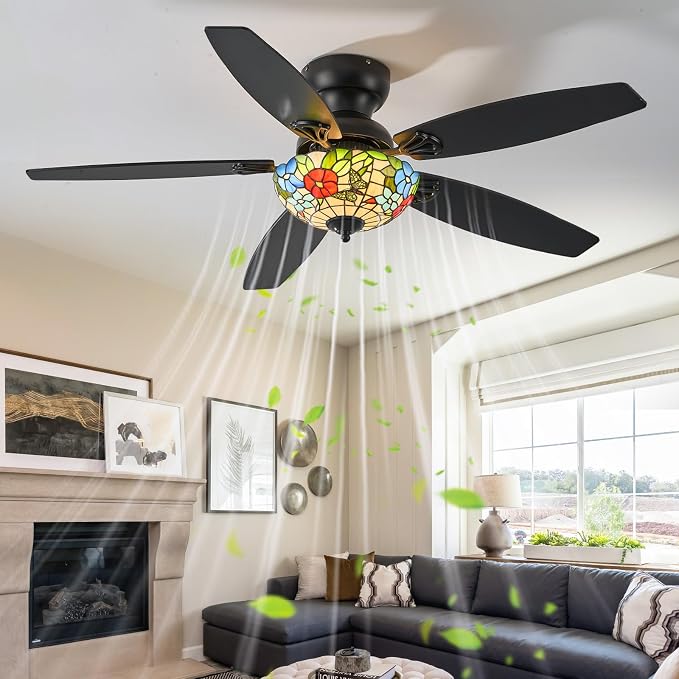 Tiffany Ceiling Fans with Lights-52"Ceiling Fan Chandelier and Glass Shade | 52" Ceiling Fan Chandelier with 5 Dual-Blades and Glass Shade, 6 Speeds and Reversible, Indoor and Outdoor, Retro Style