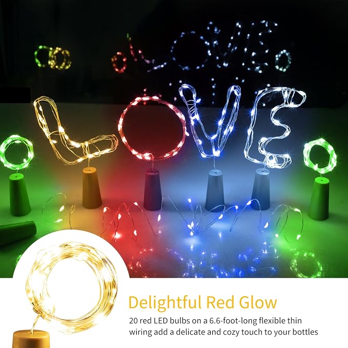 Brightown Wine Bottle Lights with Cork, 10 Pack 7ft 20 LED | 5 Colors, Battery Operated Cork Lights, Waterproof Silver Wire for Liquor Bottles DIY Party Wedding Décor