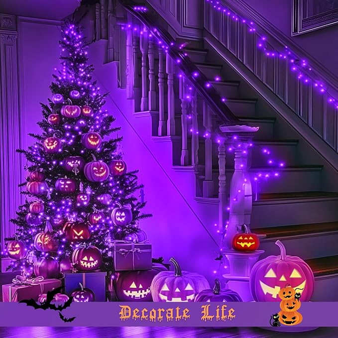 JMEXSUSS 200 LED Purple Fairy Lights Plug in | 8 Modes Purple Halloween Lights indoor with Wheel, 66 ft Remote Control Christmas Lights for Halloween Christmas Party