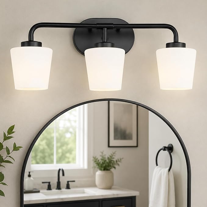Bathroom Light Fixtures Over Mirror, 3-Light Matte Black Vanity Lighting Fixtures with Milk White Glass, Vintage Farmhouse Wall Sconces Lighting, AD-22004-3W-BK