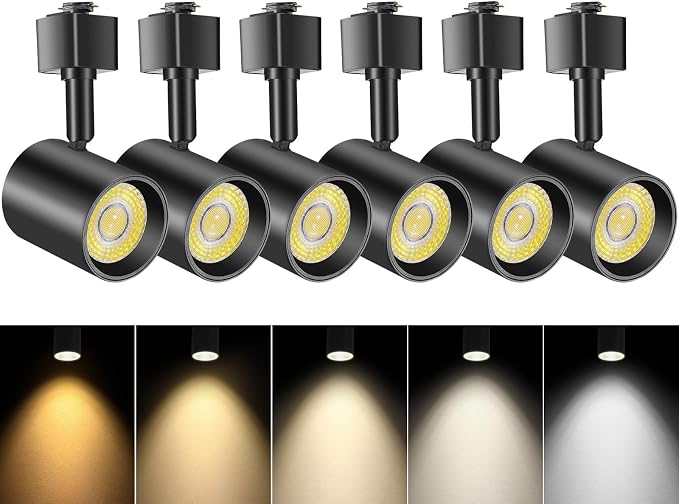 VANoopee 5-Color J Type Track Lighting Heads Dimmable, Black, Pack of 6 | LED Track Light Heads Bright Rail Ceiling Spotlight Fixtures Accent Task, 2700K-6000K, Flicker Free CRI90+ 24° 10W 800lm