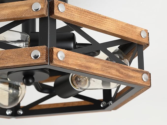 2 Pack 3-Light Rustic Farmhouse Wood Flush Mount Ceiling Light Fixture Oak Wood and Metal Cage Semi Flush Mount Ceiling Light for Hallway Hall Entry Bedroom Kitchen Farmhouse, Black
