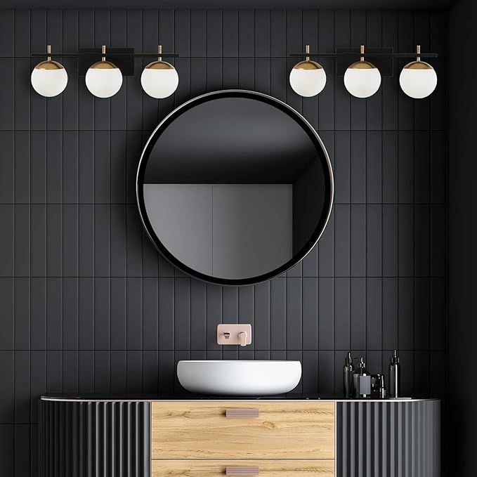 Mid Century 3-Light Bathroom Vanity Light Over Mirror, Black and Gold Modern Bathroom Light Fixtures with Milky White Frosted Glass Globe Shade, Wall Sconces for Bathroom, Stairs, Kitchen