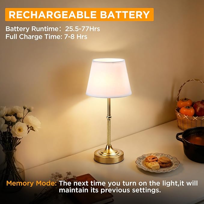 LUTEC 2 Pack Cordless Table Lamp, Battery Operated Lamp with 3 Color Temps and Stepless Dimming, 5200mAh Portable Rechargeable Table Lamp for Restaurant/Bedroom/Bars/Outdoor (Brushed Gold)