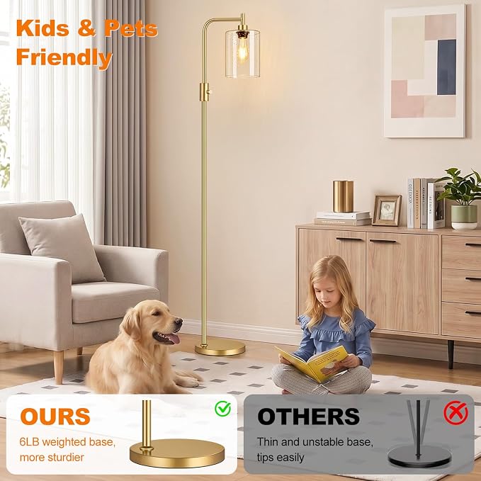 【Upgraded】 Dimmable Floor Lamp for Living Room with Seeded Glass Lampshade, Gold Modern Glass Floor Lamp with 900LM LED Bulb Included, Arc Standing Tall Lamp for Bedroom, Office, Reading Room, Corner