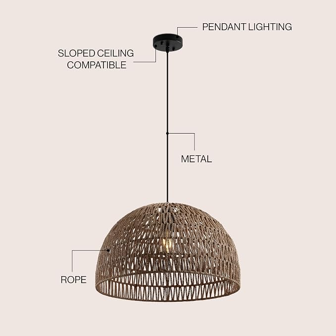 JONATHAN Y Campana 1-Light Pendant Dome Ceiling Lamp, 20", Brown | Modern Coastal Farmhouse Decor, Adjustable Height, Woven Rope Metal Frame, LED Bulb Included, UL Listed
