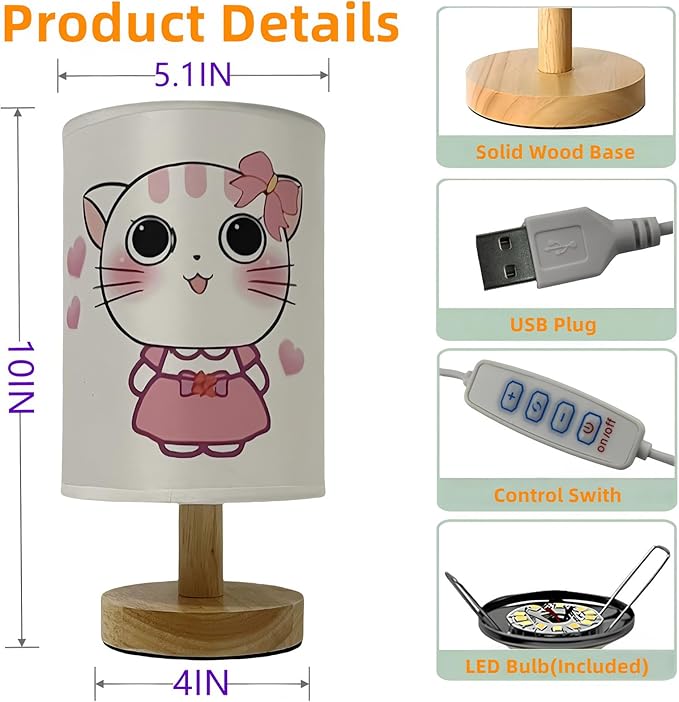 Cat Lamp,Cute Kitty Bedside Table Lamps for Girls Room 3 Color Dimmable Kids Nightstand Night Light with Pink Cartoon Shade Cats Desk Lamp for Girls Boys Cat Lovers Room Nursery Decorative Lights