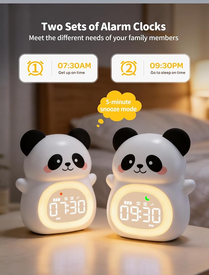MASHI Panda Kids Alarm Clock with Time to Wake Sleep Trainer White Noise | Sun & moon wake cues, 7-color night light,Snooze， dual alarms and 6 soothing sounds help kids build healthy sleep habits.