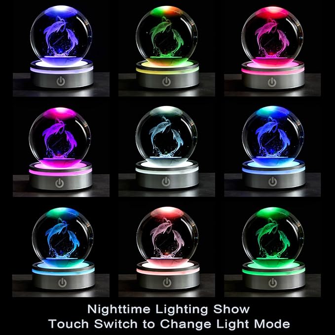 80mm 3D Laser Engraved Dolphin Crystal Ball, Romantic Dolphin & Heart LED Night Light, Sea Animal Figurines Decor Glass Sphere Lamp Gifts for Women Kids Mom