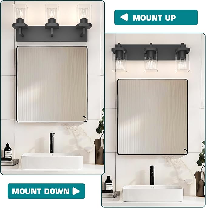 Bathroom Lighting Fixtures Over Mirror, Square Design & Rectangle Large Backplate, 3 Lights Morden Vanity Lighting Fixtures, Bathroom Light Fixtures for Bathroom/Living Room/Bedroom, Black
