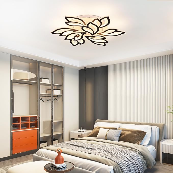 Garwarm 29.9" LED Flush Mount Ceiling Light, Dimmable Modern Flower Fixture | Flower Ceiling Light with Remote, Black,Acrylic, Stepless Color Temperature Change for Bedroom Living Room Kitchen