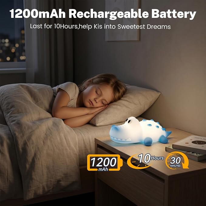 AVEKI Night Light for Kids, Baby Alligator Night Light with Dimmable Warm Light & RGB Mode, Soft Silicone Touch Lamp with 30M Timer, Rechargeable Crocodile Light for Nursery Kids Room