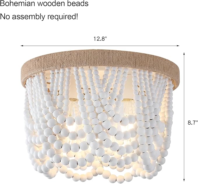 AMZASA White Boho Wood Beaded with Hemp Rope Flush Mount Ceiling Light Farmhouse Small Chandelier Light Fixture for Bedroom Hallway Entryway Closet Kitchen Dining Room Living Room Nursery