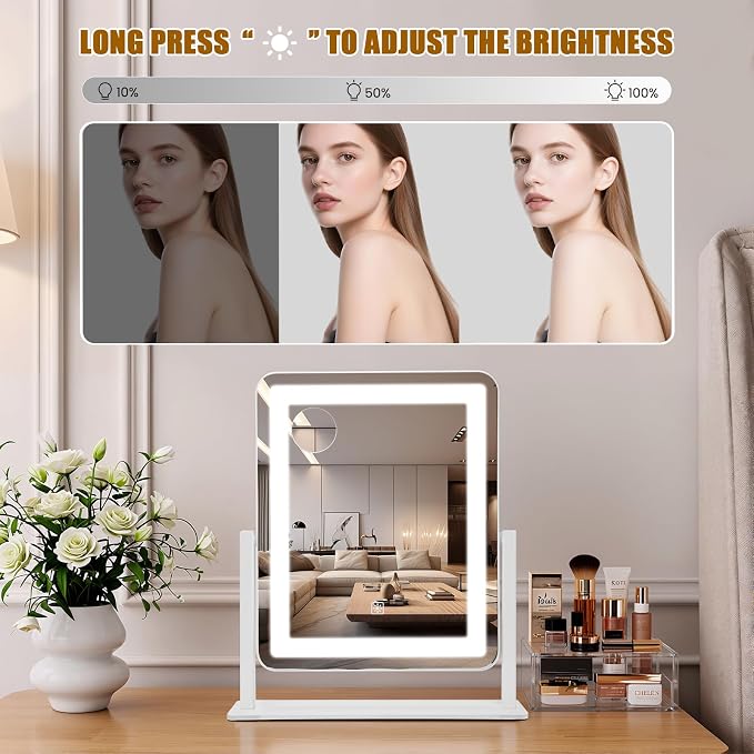 Rechargeable Vanity Mirror with Lights, 3000mAH Battery, 15"×12.2" LED Makeup Mirror, 10X Magnification, Smart Touch with 3-Color Lighting, 360° Rotation, Lighted Up for Makeup Desk, Bedroom (White)