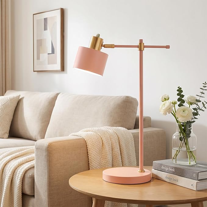 22.2" Modern Desk Lamp, Metal Table Lamp with LED Bulb, Adjustable Reading Lamps for Living Room, Mid Century Task Lamp for Home Office, Industrial Bedside Lamps with Solid Base, Pink