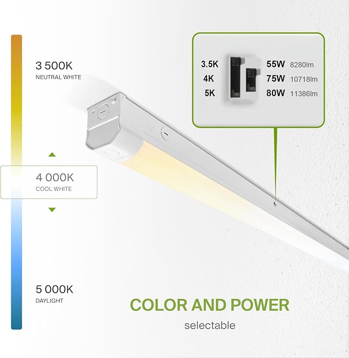 ASD 8ft LED Linear Strip Light Fixture with Q-Base | UL DLC 55W-80W 120-277V Linkable LED Shop Light | 3500K-5000K Adjustable Dimmable Office & Workshop Commercial Ceiling Lighting