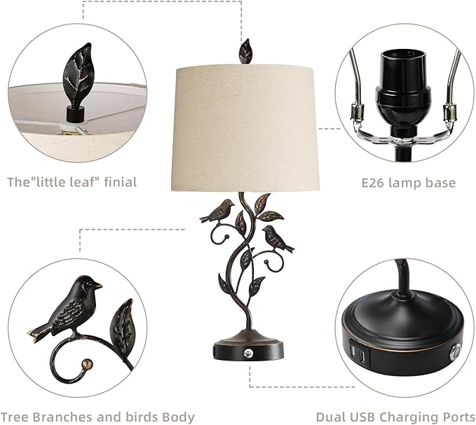 RORIANO 27" Touch Farmhouse Table Lamps for Living Room with 3-Way Dimmable 2 USB Ports, Vintage Rustic Iron Leaf Nightstand Lamp for Bedroom, LED Bulb Included