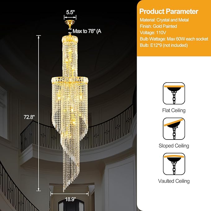 73-Inch Spiral Crystal Beaded Strands Chandelier for High Ceiling, 9-Lights Luxury Gold Foyer Pendant Light, Modern Semi-Flush Mount Ceiling Light Fixture for Entryway Staircase