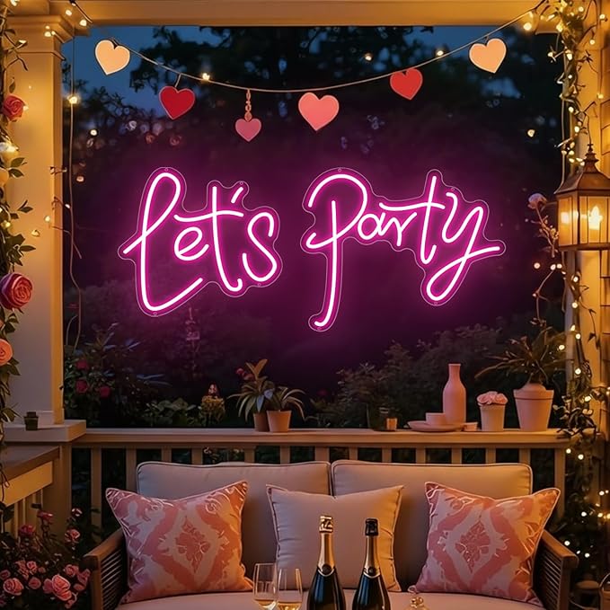 36.9x16.1 Inch Large Let's Party LED Neon Sign,Dimmable Pink Neon Light Sign for Wall Decor, Bachelorette Party, Engagement Party, Wedding, Bar & Birthday Decor