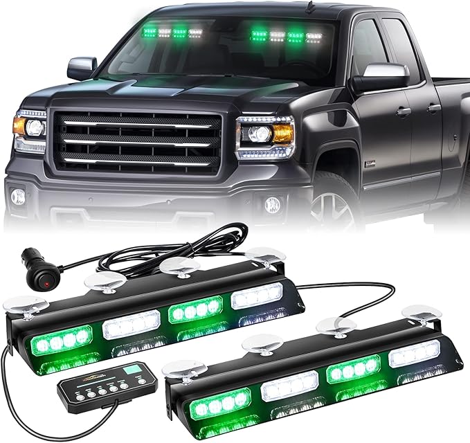 XRIDONSEN Green White Emergency Dash Strobe Lights Safety Flashing Warning Interior Front/Rear Windshield Deck Split Lights w/Digital Display Controller for Construction Vehicles Trucks (2x14 inch)
