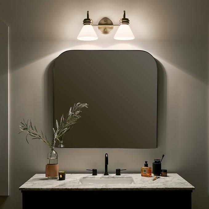 Kichler Farum 2-Light Bathroom Vanity Light, Champagne Bronze | Modern vanity light with opal glass for bathroom mirrors (19.25" x 9.5"), 55154CPZ