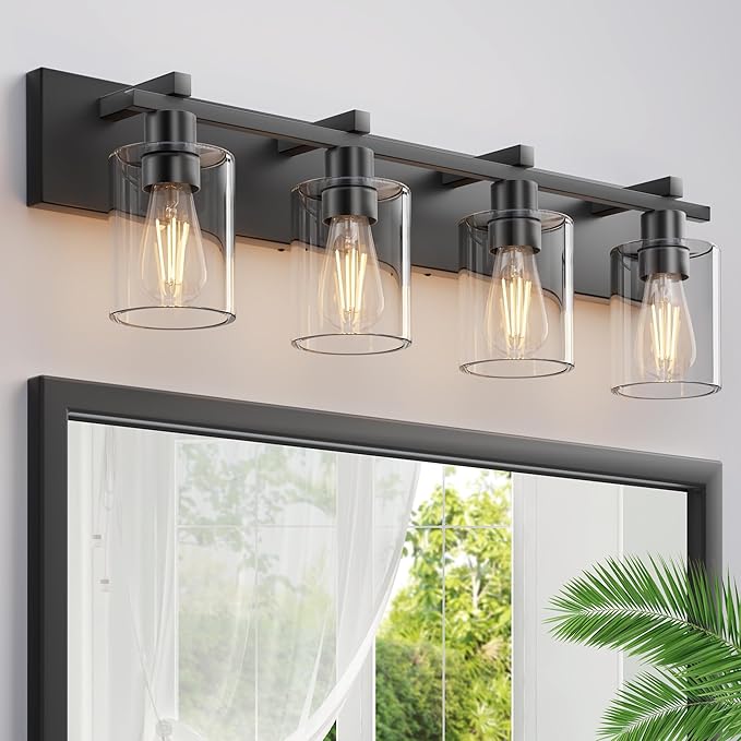 Espird Bathroom Vanity Light,4 Light Matte Black Light Fixture with Thickened Clear Glass Shade, 30 inch Modern Wall Sconce, Bathrooms Vanity Light Over Mirror for Bathroom
