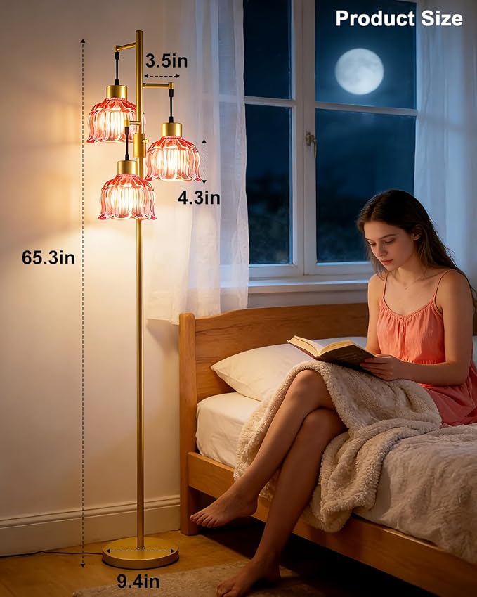 Lightdot 3-Light Flower Floor Lamps, 65'' Dimmable Floor Lamp with Rose Red Glass Shade& Bulbs Included, Mid Century Standing Lamp with 5Lbs Heavy Base for Living Room/Bedroom/Sofa Beside-Gold