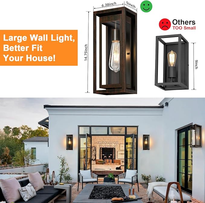 15" Outdoor Wall Lights, 2Pack Distressed Brown Exterior Lighting | Large Size, Anti-Rust, Waterproof, Tempered Glass, Easy Installation, Modern & Classic Outdoor Sconces for House Porch Garage