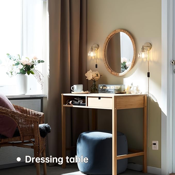 Plug in Wall Sconce, Transparent Tulip Glass Lampshade Wall Light Plugin Corded for Bedside Bedroom Doorway