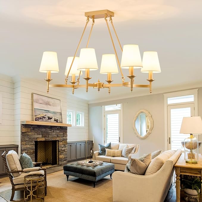 33.5" Gold Dining Room Chandelier with White Linen Fabric Shades 6-Light Rustic Industrial Ceiling Light Fixture Large Farmhouse Pendant Lights for Kitchen Island Living Room