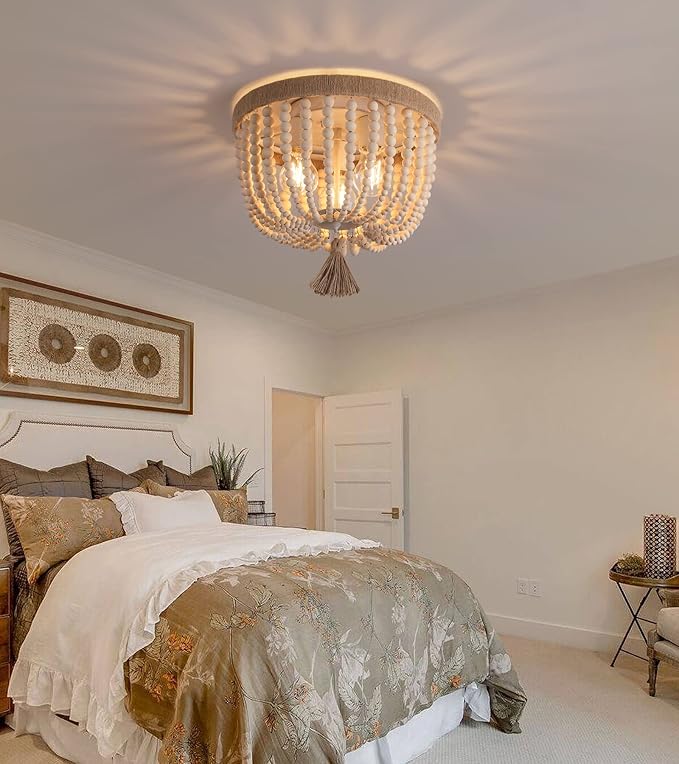 AMZASA Boho Flush Mount Ceiling Light Wooden Beaded Hepm Rope Oak Withe Farmhouse Beaded Chandelier Light Fixture 3 Lights for Nursery Bedroom Hallway Entryway