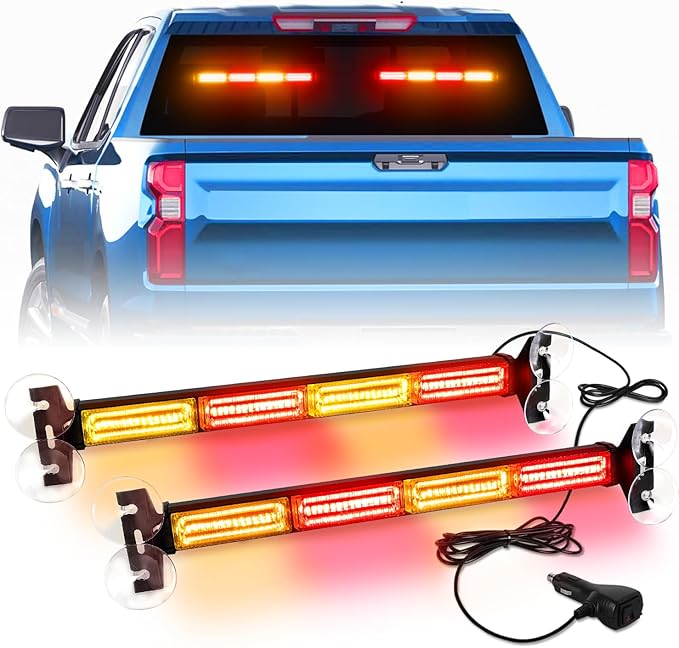 2 in 1 LED Emergency Strobe Light Bar Windshield Traffic Advisor Visor Safety Warning Hazard Flashing Lights for Firefighter Police Trucks Vehicles 2x17.7, Amber/Red