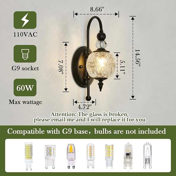 Piepooye Vintage Black Wall Sconce with Glass Globe Shade Mid Century G9 Bulb Wall Light Indoor Wall Lamp for Bathroom Farmhouse Bedroom Living Room Hallway