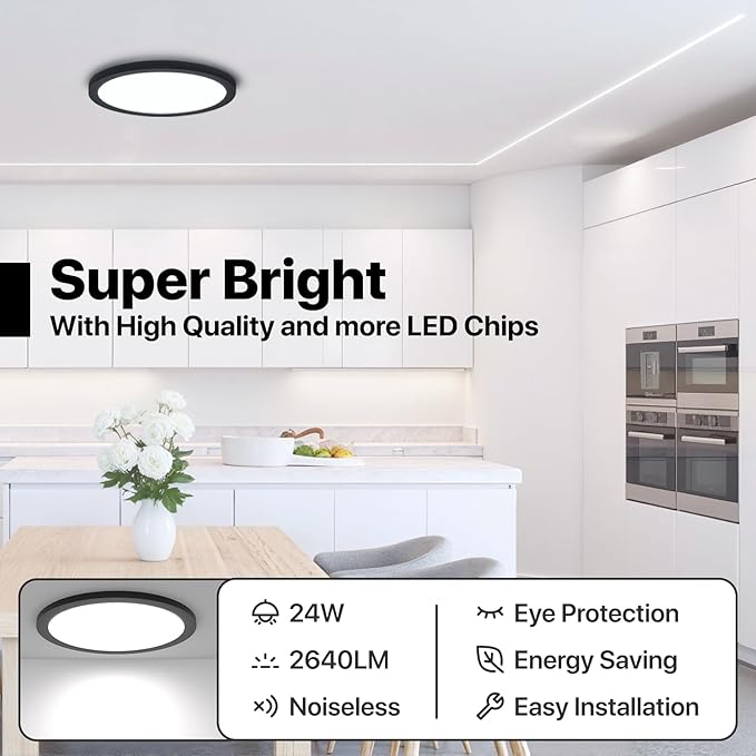 2Pack LED Flush Mount Ceiling Light Fixture Black,12Inch 24W 2640LM,Dimmable 5 CCT Selectable (2700K-6500K),Round Flat Panel Light for Bedroom,0.7Inch Thin Modern Low Profile Design for Hallway