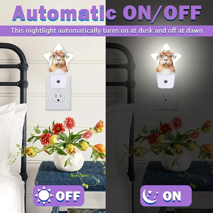 Cute Capybara Night Lights Plug Into Wall,Spring Flower Animal Dusk to Dawn Light Sensor Night Light for Kids, Energy Efficient Sleep Friendly Lamp for Bedroom Bathroom Nursery