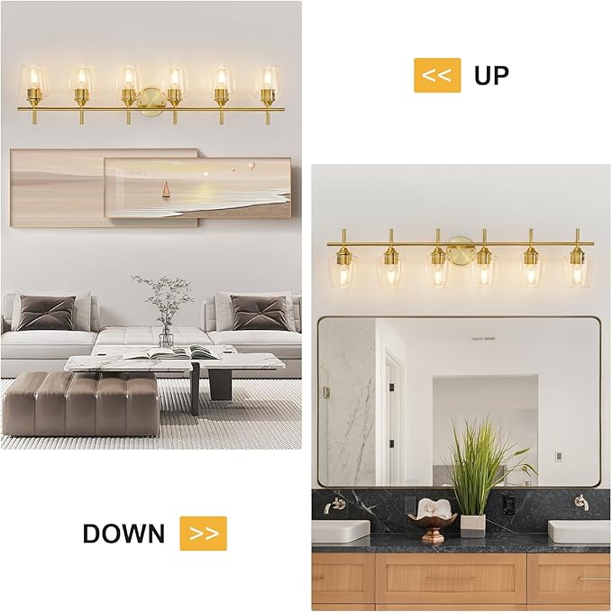 Bathroom Vanity Light Fixtures, Bathroom 6-Lights Over Mirror Modern Vanity Lighting with Clear Wine Glass Shade Wall Lamp for Bedroom Hallway Living Room (Gold, 6-Light)
