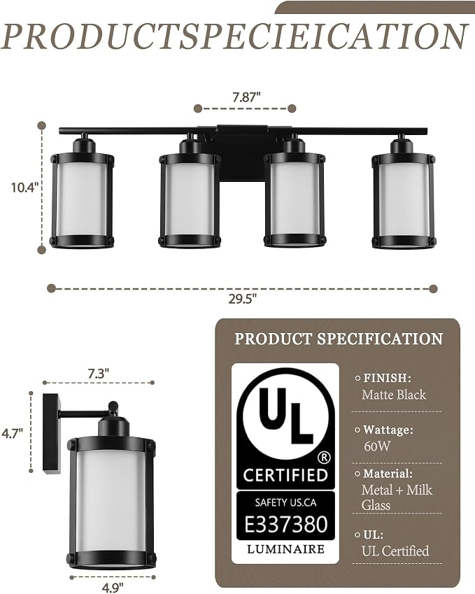 4-Light Black Bathroom Light Fixtures with Milk White Frosted Glass, 29" UL-Listed Modern Wall Sconce Over Mirror with Metal Cage for Bath, Hardwire E26, OS-3014BKW-4W