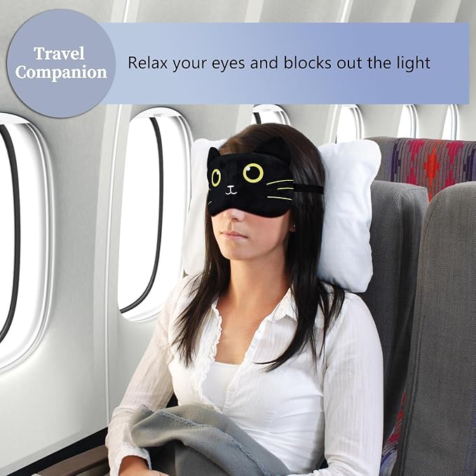Cute Sleep Masks Cartoon Animal Cat Eye Mask Plush Sleeping Mask & Travel Blindfold - Funny Kitten Eye Shade for Women Men (Black Cat-2)