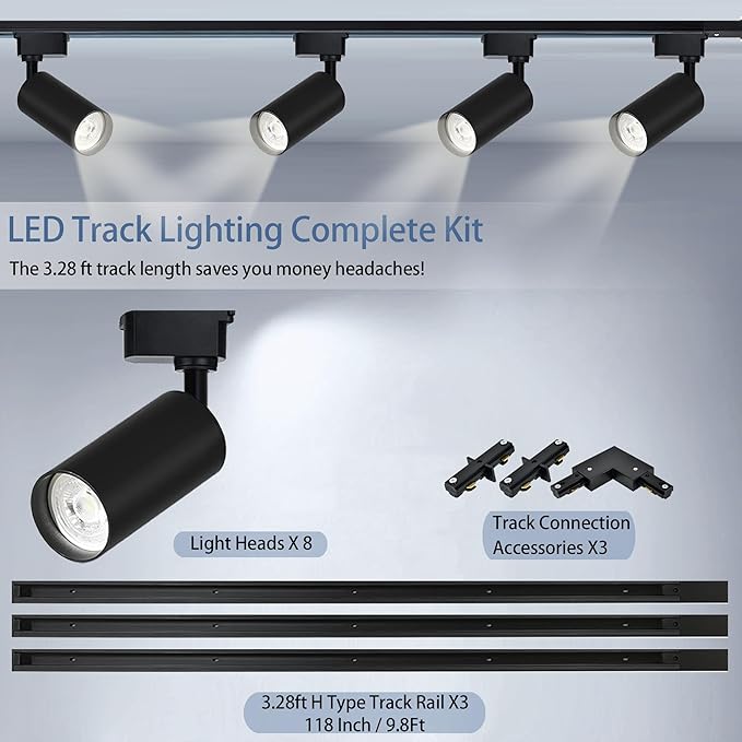 H Type LED Track Lighting Kit, Track Lighting 8 Heads Natural Light 4000K 25W 2700lm High Brightness Dimmable Track Lighting System with 9.8ft Track Rail, Adjustable Angle Light Heads