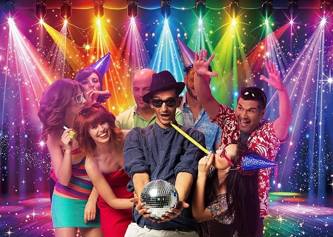 Disco Rainbow Stage Backdrop 70s 80s 90s Hippie Music Vintage Lights Photography Background Rock Music Colorful Neon Glow Party Decorations Photo Banner (8x6FT)