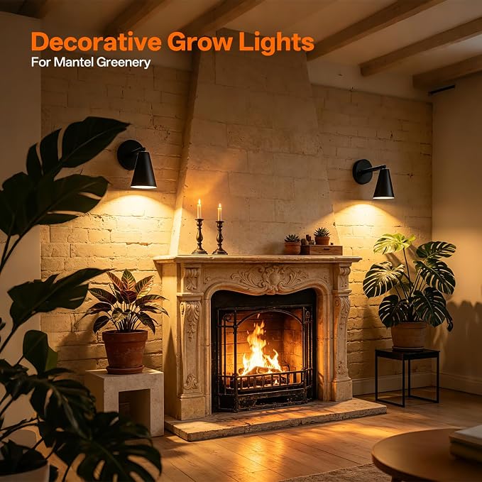 Wall-Mounted Grow Light 25W Full Spectrum Plant Light | 3300K Full Spectrum Plant Light, 350°Adjustable Head, Timer & Black Metal Shade, for Flowers, garden Growing
