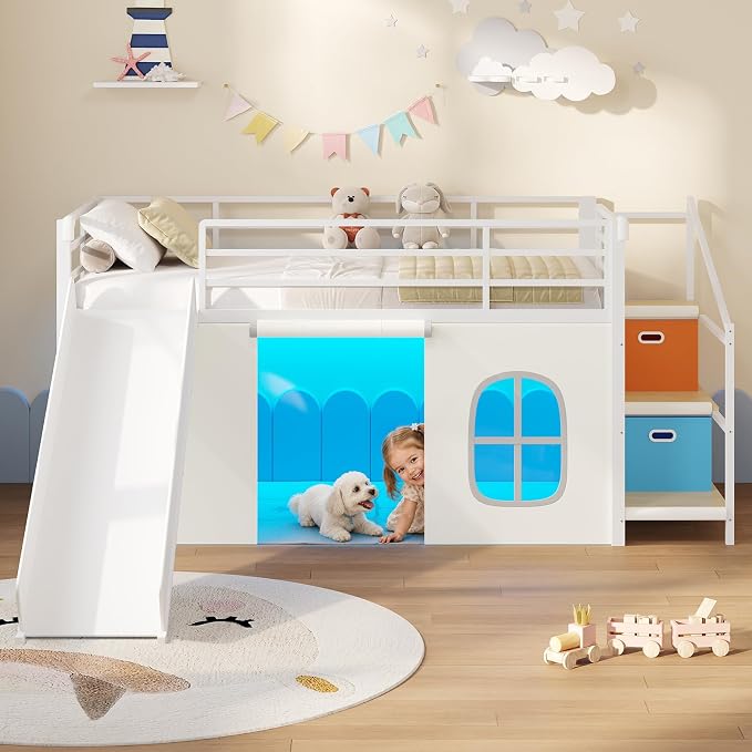 DICTAC Low Loft Bed with Slide,Storage Stairway and Led Lights Metal Twin Size Loft Bed with Under-Bed Play Space,Art Table & Play Curtain Twin Beds with 2 Drawers and 13.8''H Safety Guardrail,White