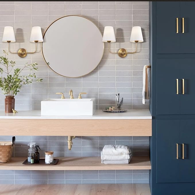 Double Light Wall Sconce with White Fabric Tapered Shades, 2-Light Antique Brass Sconce for Bathroom Vanity Hallway Stairway Living Room