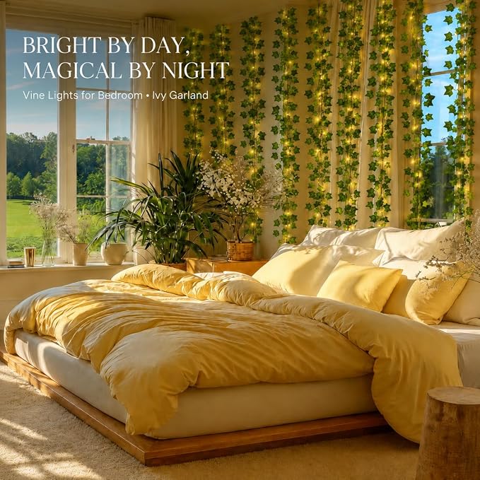 BobbleT Vines with Lights for Bedroom, 200 LED Fairy Curtain Lights | Warm White Fairy String Lights for Bedroom, 6.5 ft x 6.5 ft, USB Powered with Remote Control and 8 Modes for Bedroom & Dorm